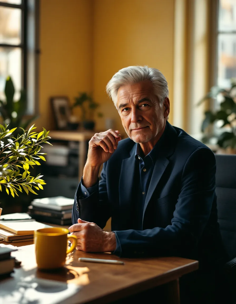 An experienced executive coach seated at a study desk in soft window light